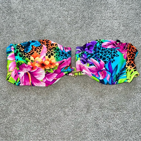 L VTG Wet Seal Rainbow Neon Tropical Floral Animal Print Bandeau Bikini Swimsuit - Picture 3 of 8